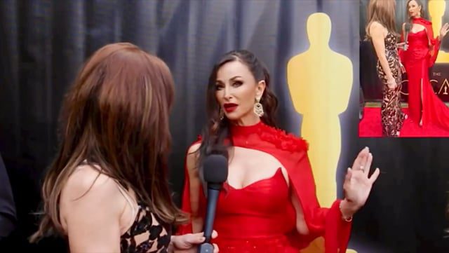 Sofia Milos Actress Producer wears Tess Mann Ateliers Dragon Fire Red Persephone Gown Oscar Night.